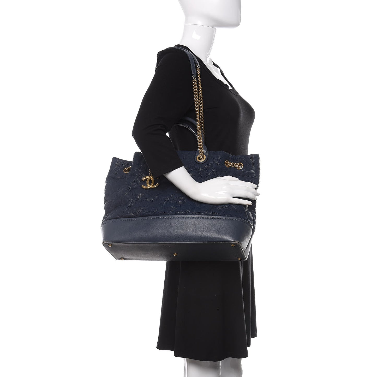 Iridescent Caviar Quilted Globe Trotter Shopping Tote Navy Blue