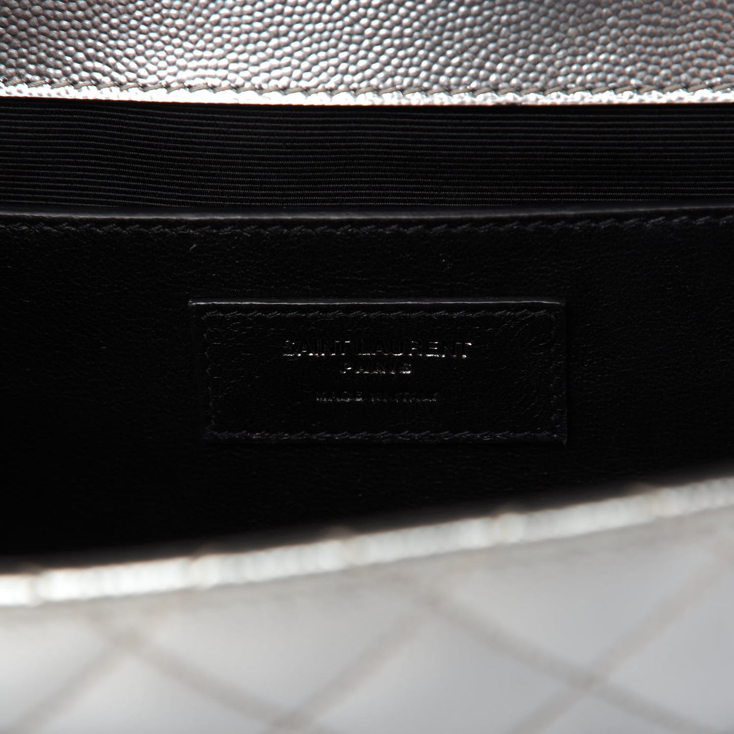 Metallic Grain De Poudre Textured Mixed Matelasse Triquilt Medium Monogram Satchel Silver