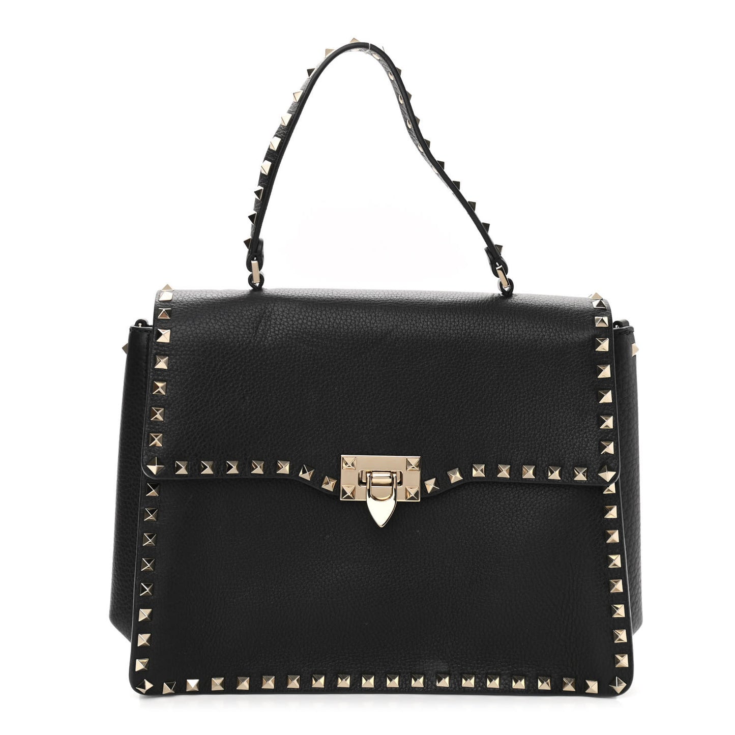 Grained Calfskin Rockstud Top Handle Flap Shoulder Bag Black