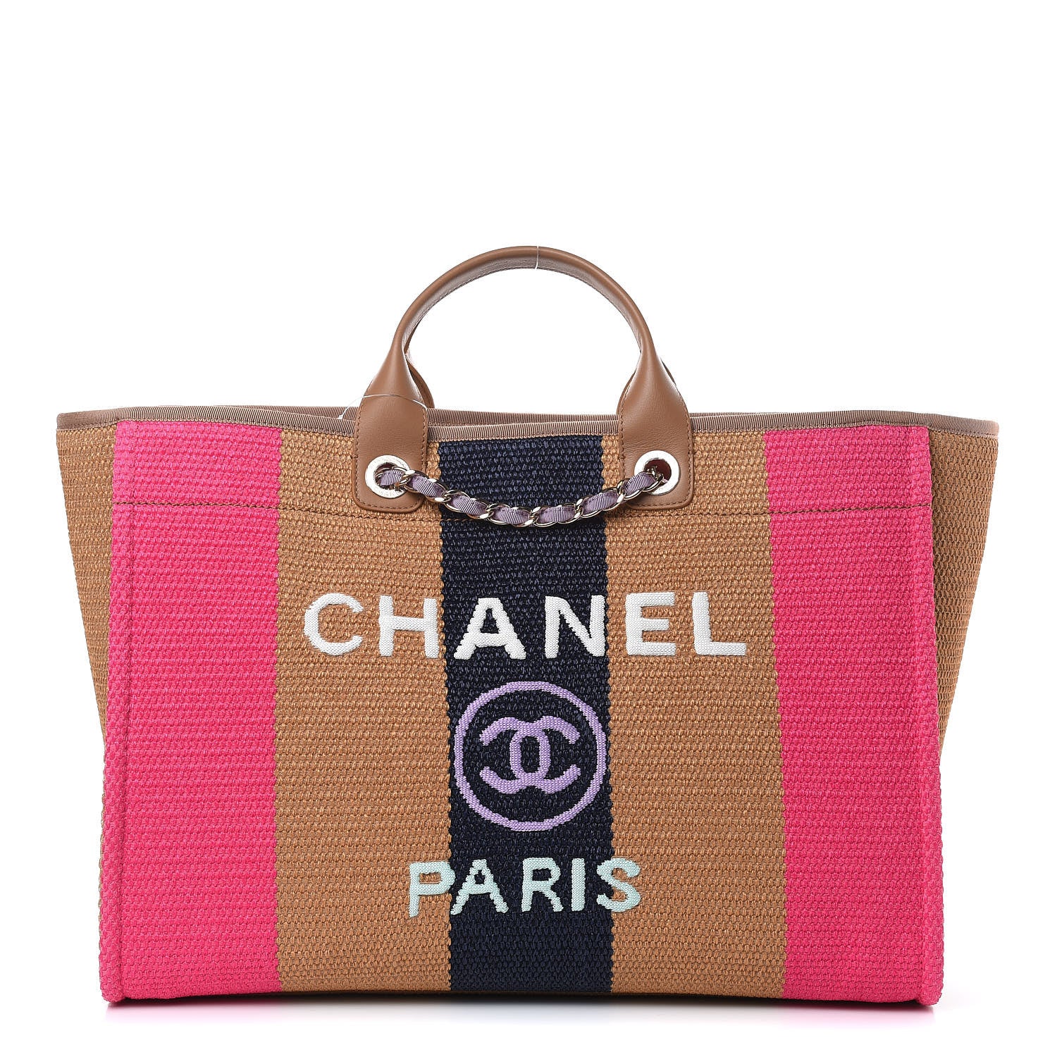 Chanel Straw Raffia Calfskin Striped Large Deauville Tote Dark Beige Fuchsia Navy Blue 1 of 9