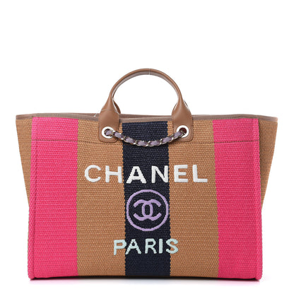 Chanel Straw Raffia Calfskin Striped Large Deauville Tote Dark Beige Fuchsia Navy Blue 1 of 9