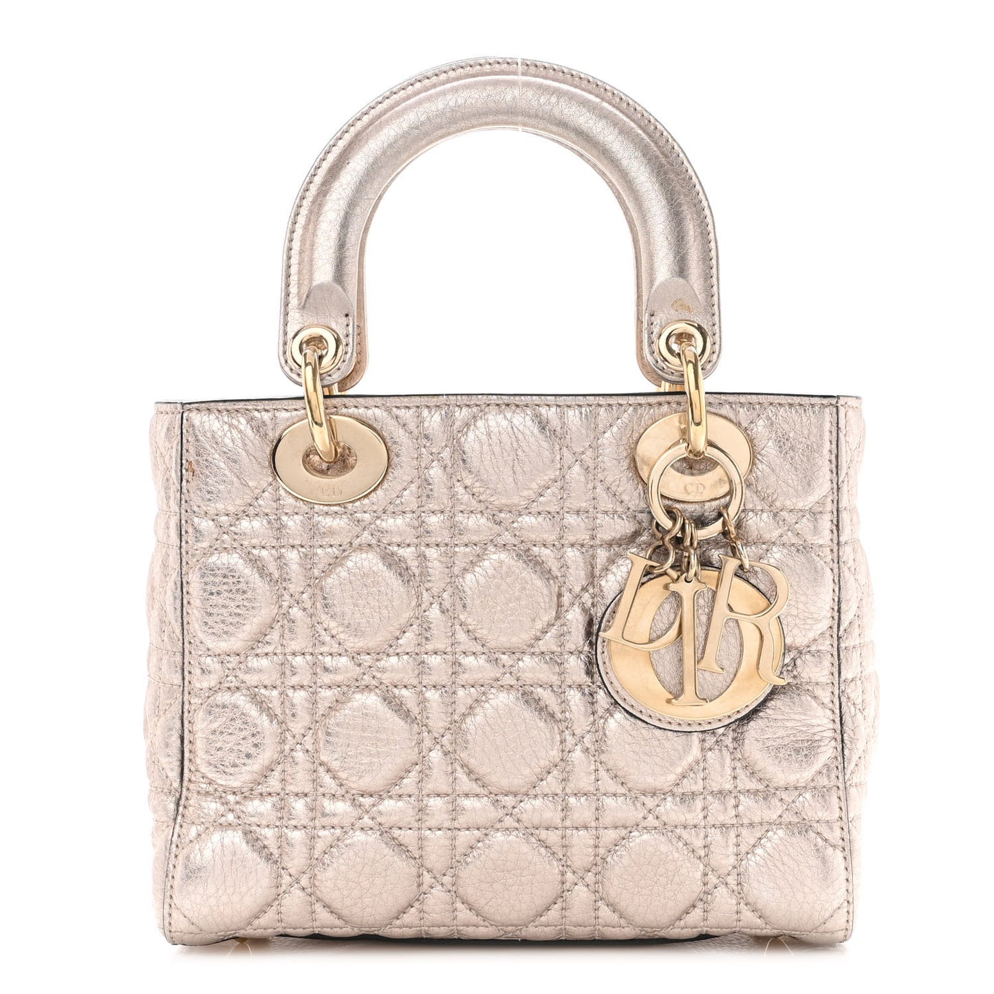 Metallic Grained Calfskin Cannage Small Supple Lady Dior Pale Gold