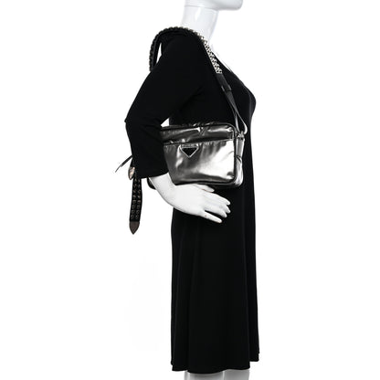 Prada Metallic Tessuto Nylon Metal Studded Shoulder Bag Ferro Black 2 of 10