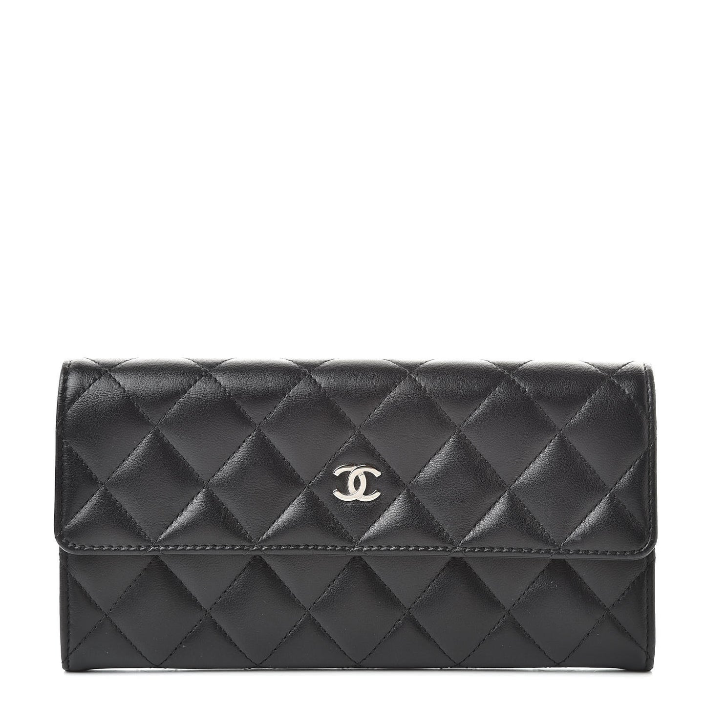 Lambskin Quilted Large Gusset Flap Wallet Black