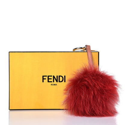 Fendi Fox Fur Nappa Bi-Color Striped Pom Pom Bag Charm Red Pink 3 of 3