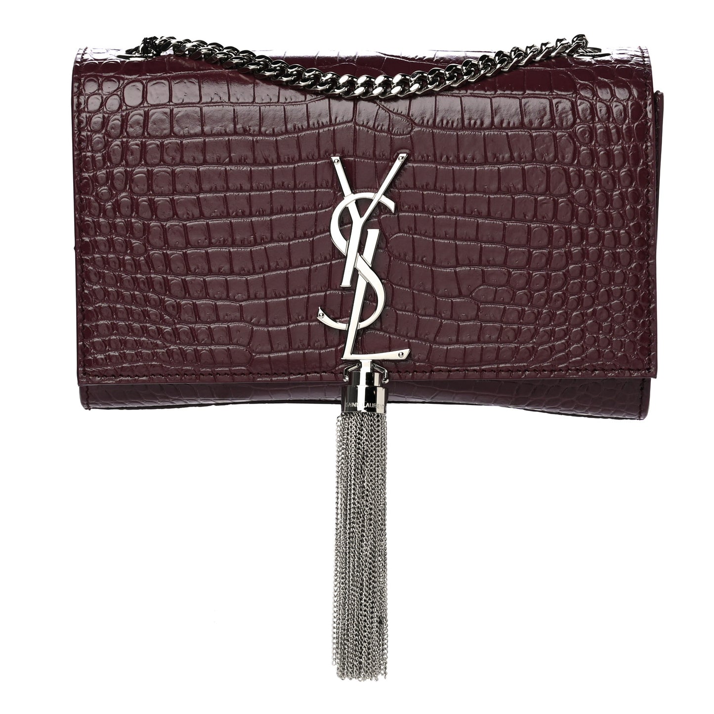 Calfskin Crocodile Embossed Small Classic Monogram Kate Tassel Satchel Palissandre