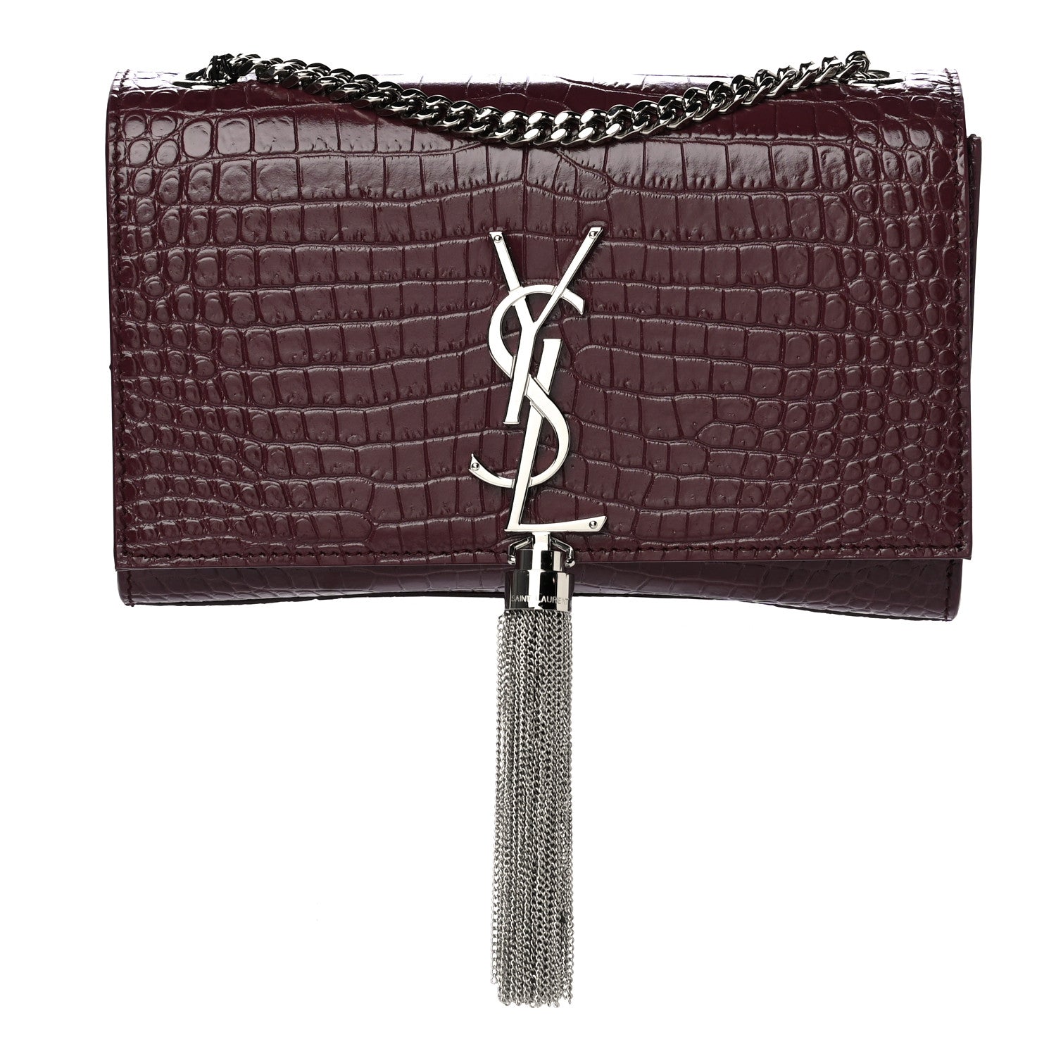 Saint Laurent Calfskin Crocodile Embossed Small Classic Monogram Kate Tassel Satchel Palissandre 1 of 10