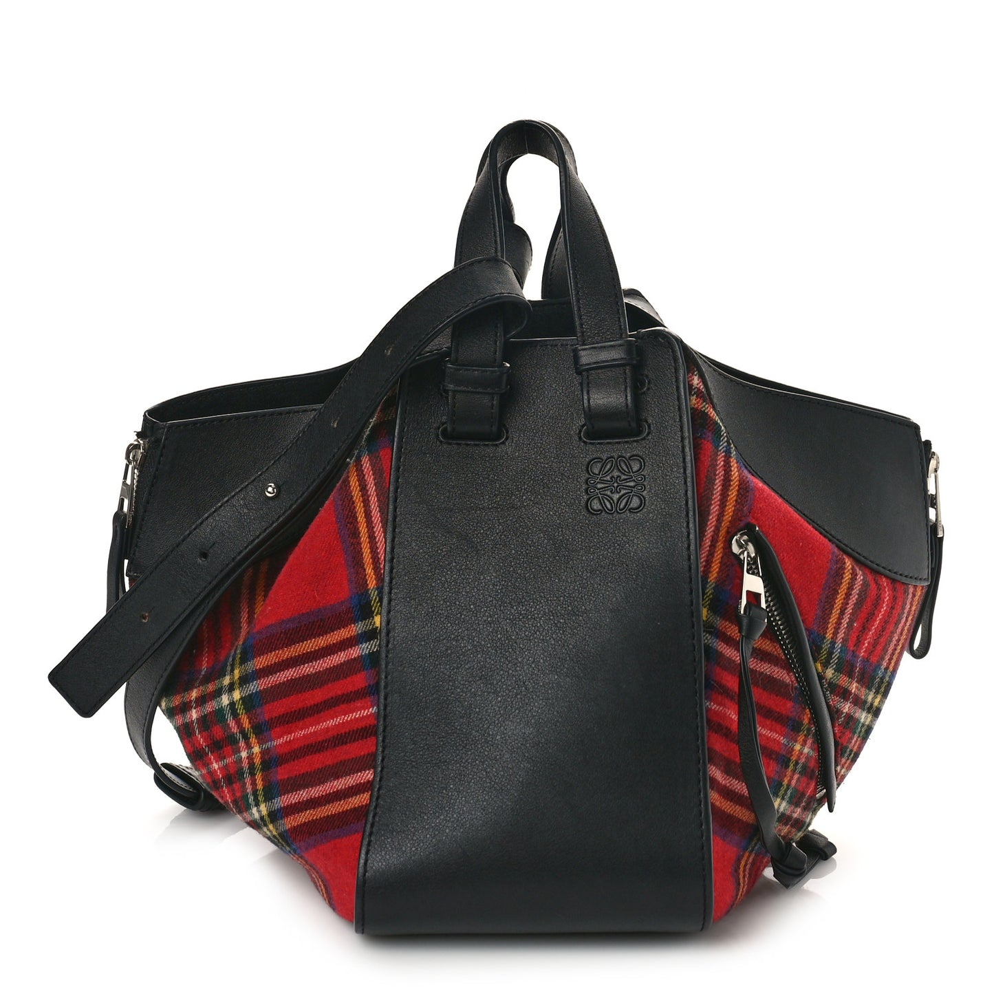 Wool Calfskin Small Hammock Shoulder Bag Black Red Tartan
