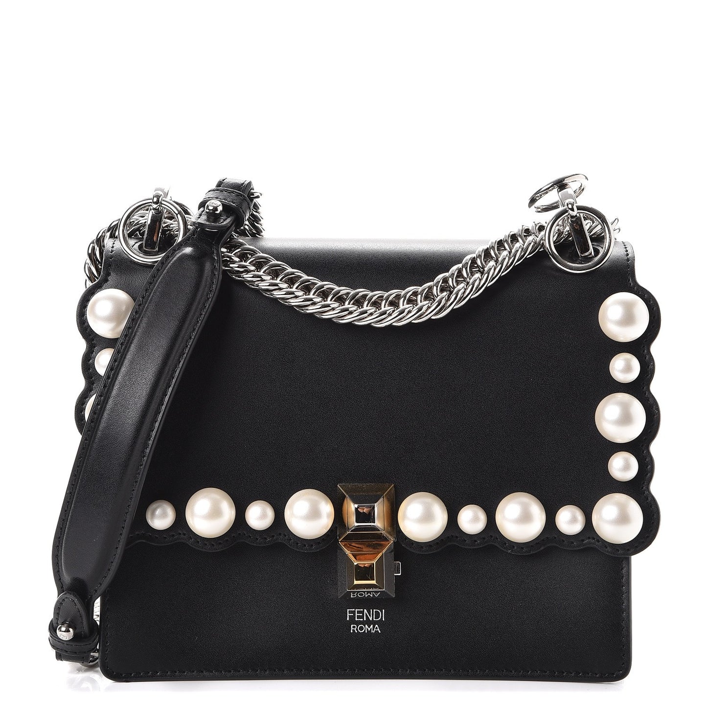Vitello Liberty Pearl Scalloped Studded Small Kan I Shoulder Bag Black