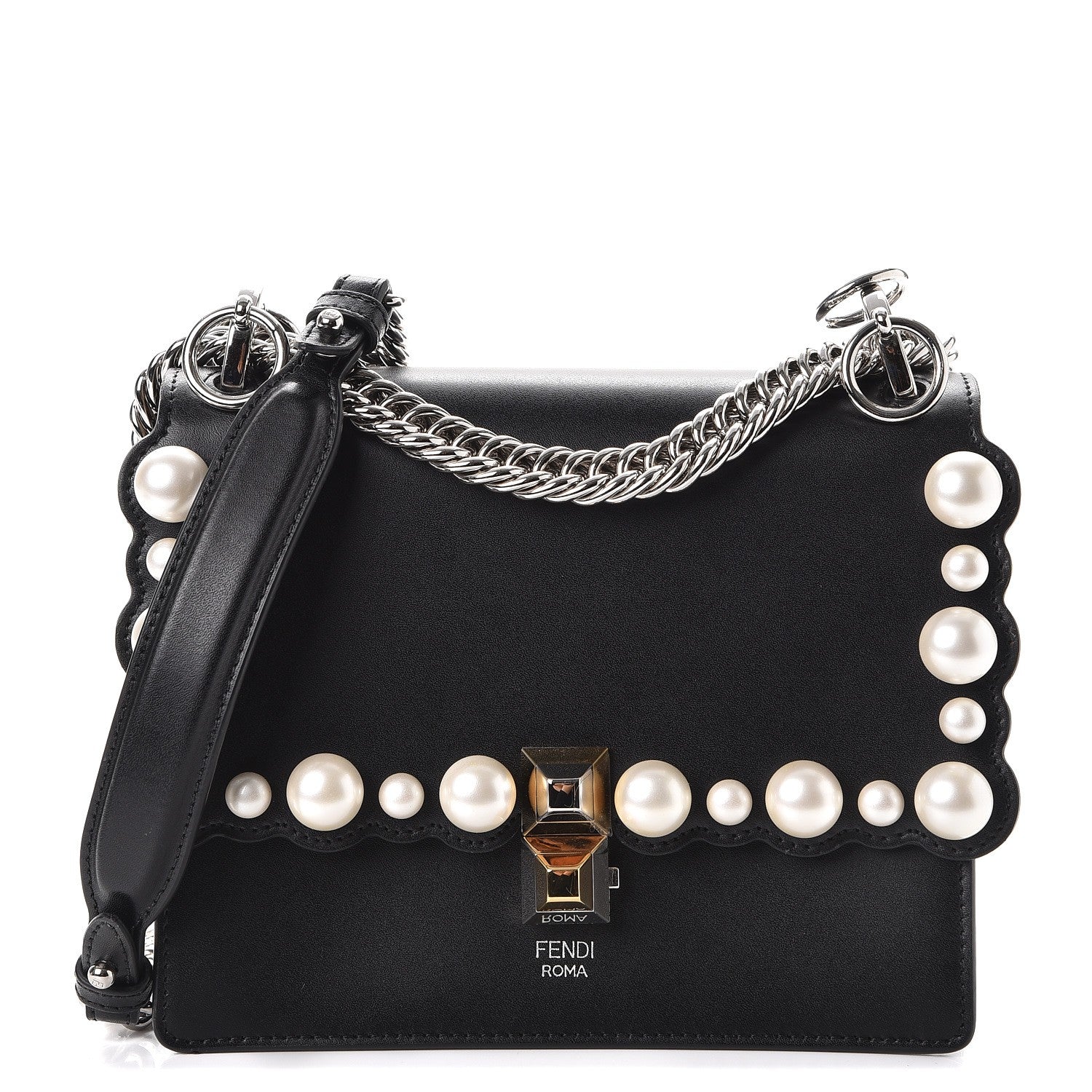 Fendi Vitello Liberty Pearl Scalloped Studded Small Kan I Shoulder Bag Black 1 of 7