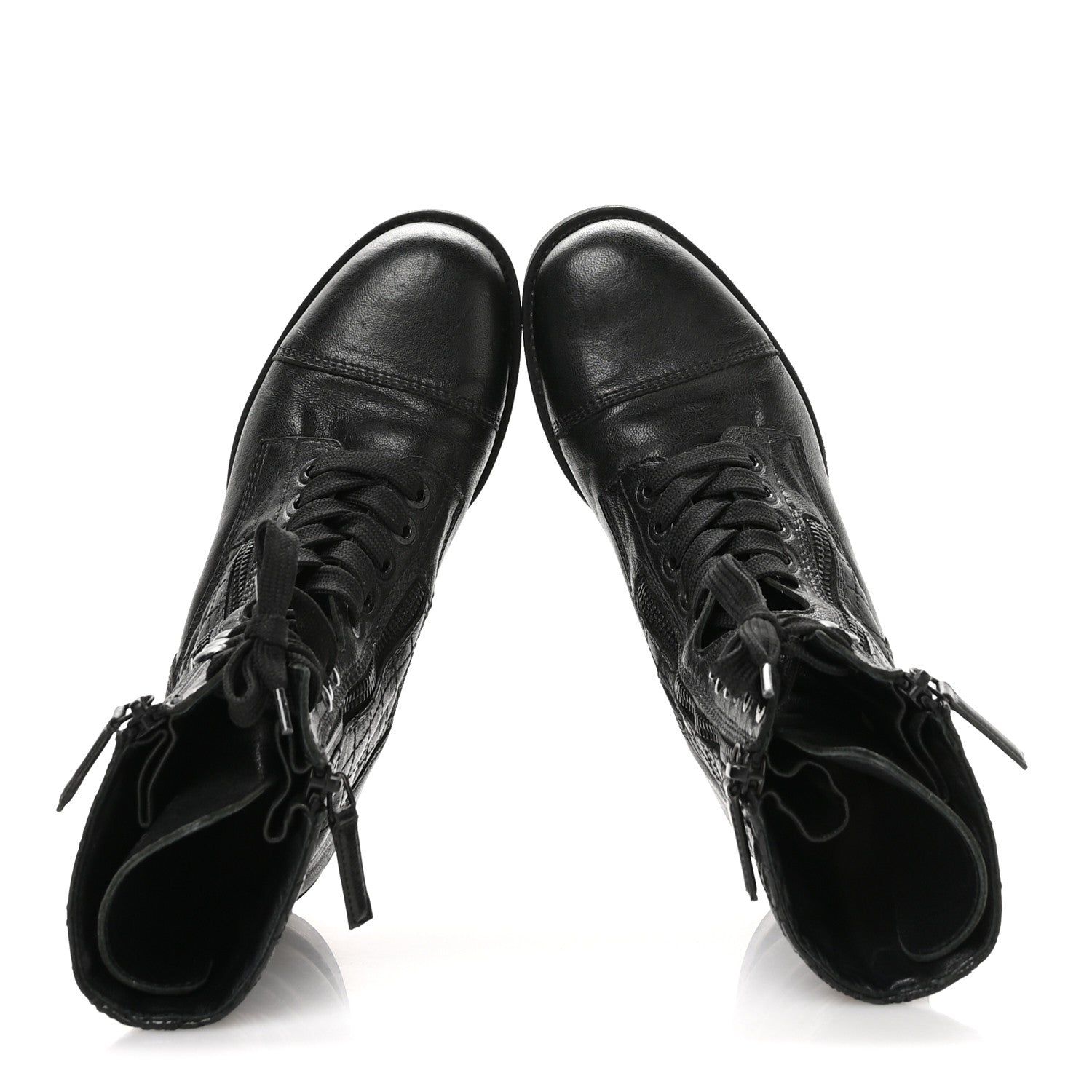 Chanel Sheepskin Quilted CC Tall Lace Up Combat Boots 38.5 Black 2 of 8