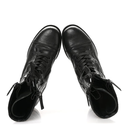 Chanel Sheepskin Quilted CC Tall Lace Up Combat Boots 38.5 Black 2 of 8