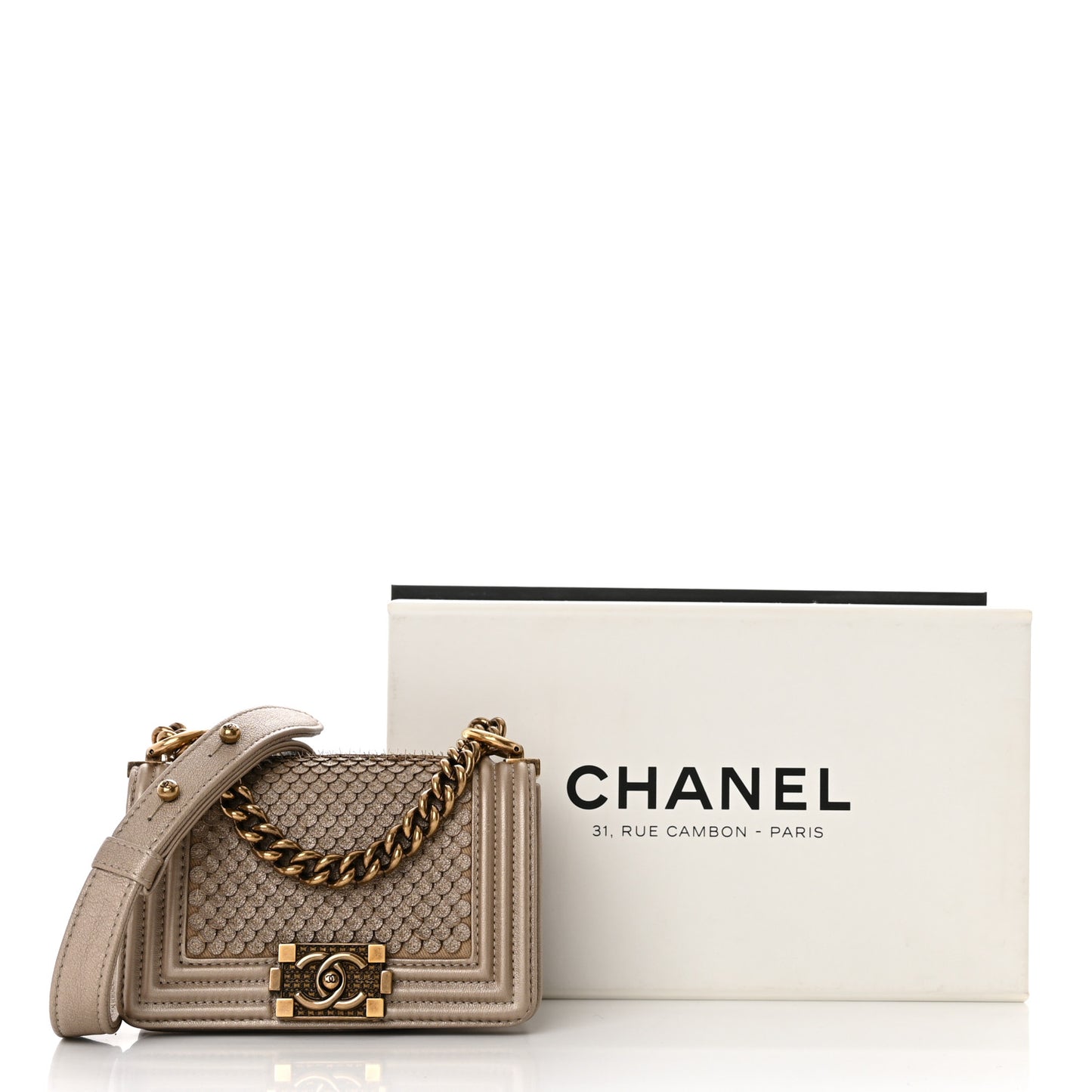 Metallic Lambskin Mini Scaled Boy Flap Gold