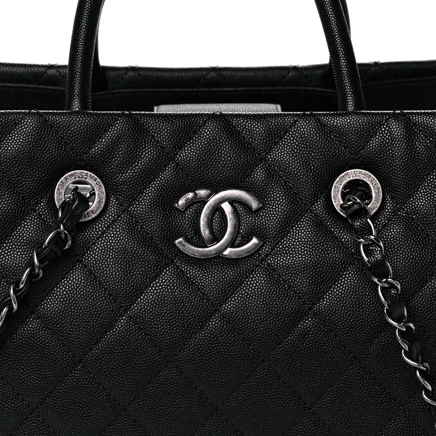 Caviar Quilted Large Coco Handle Shopping Tote Black