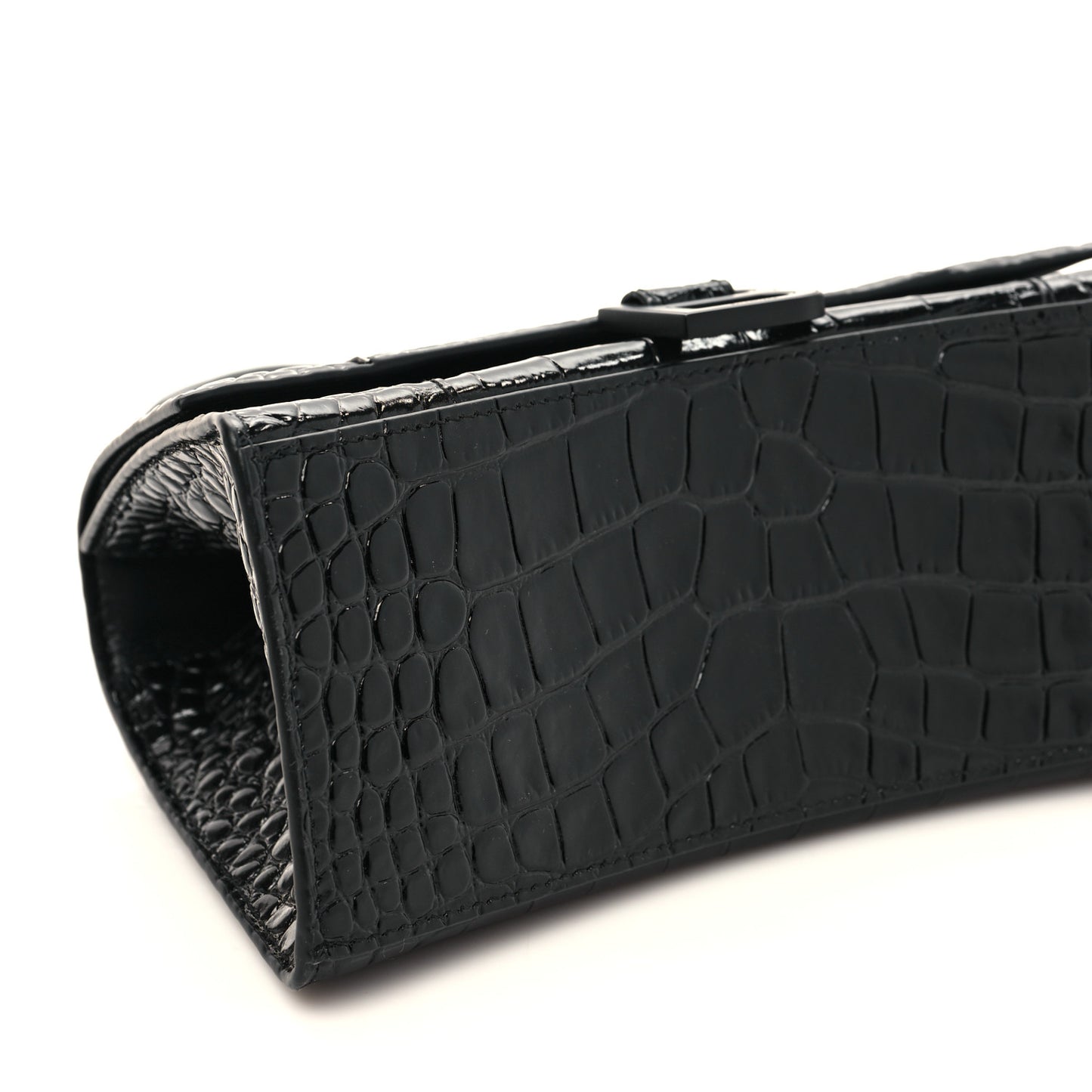 Shiny Calfskin Monochrome Crocodile Embossed Small Hourglass Top Handle Bag Black