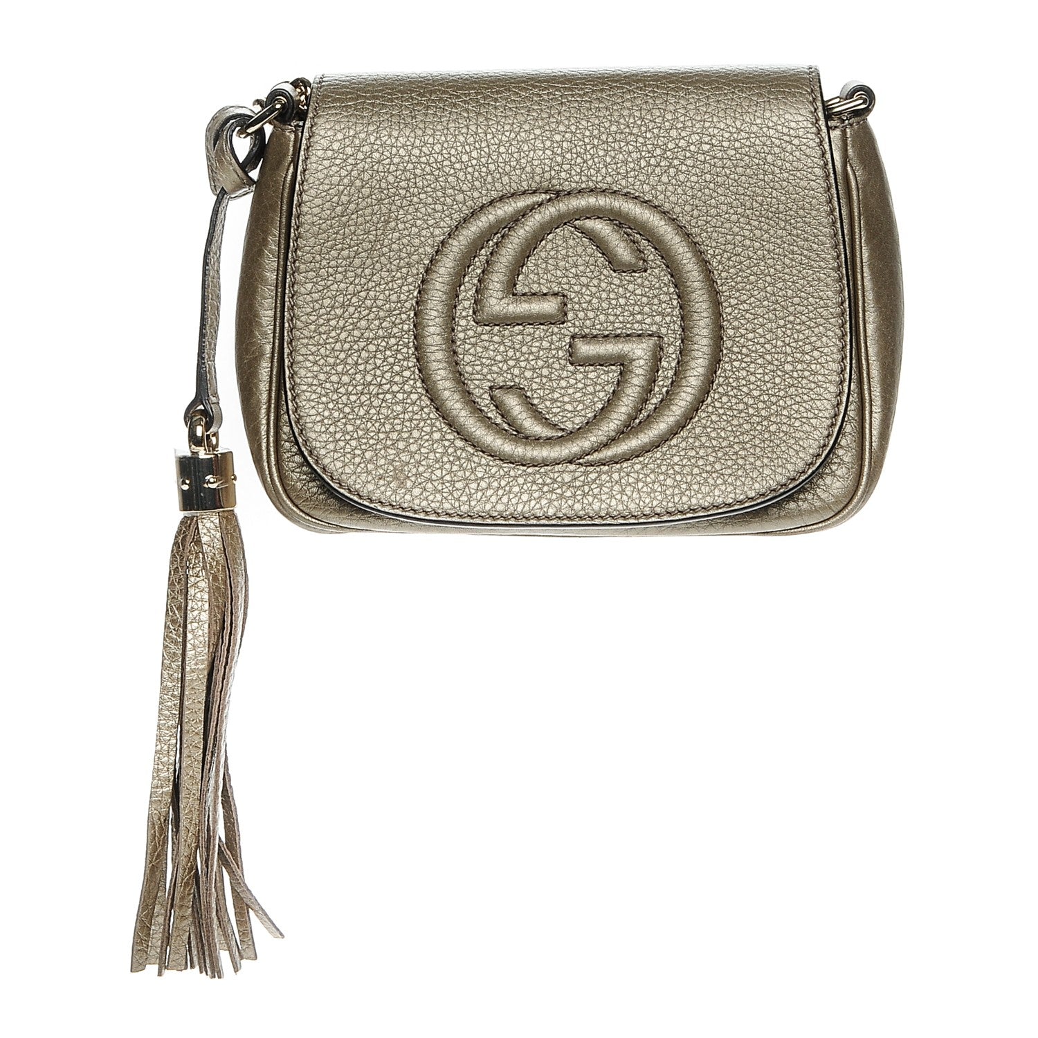Gucci Metallic Pebbled Calfskin Small Soho Flap Crossbody Golden Beige 1 of 6