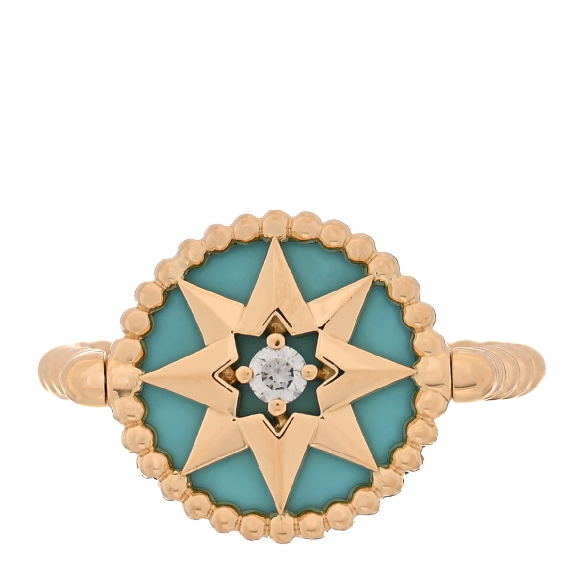 Christian Dior 18K Yellow Gold Diamond Turquoise Rose Des Vents Ring 51 5.75 1 of 5