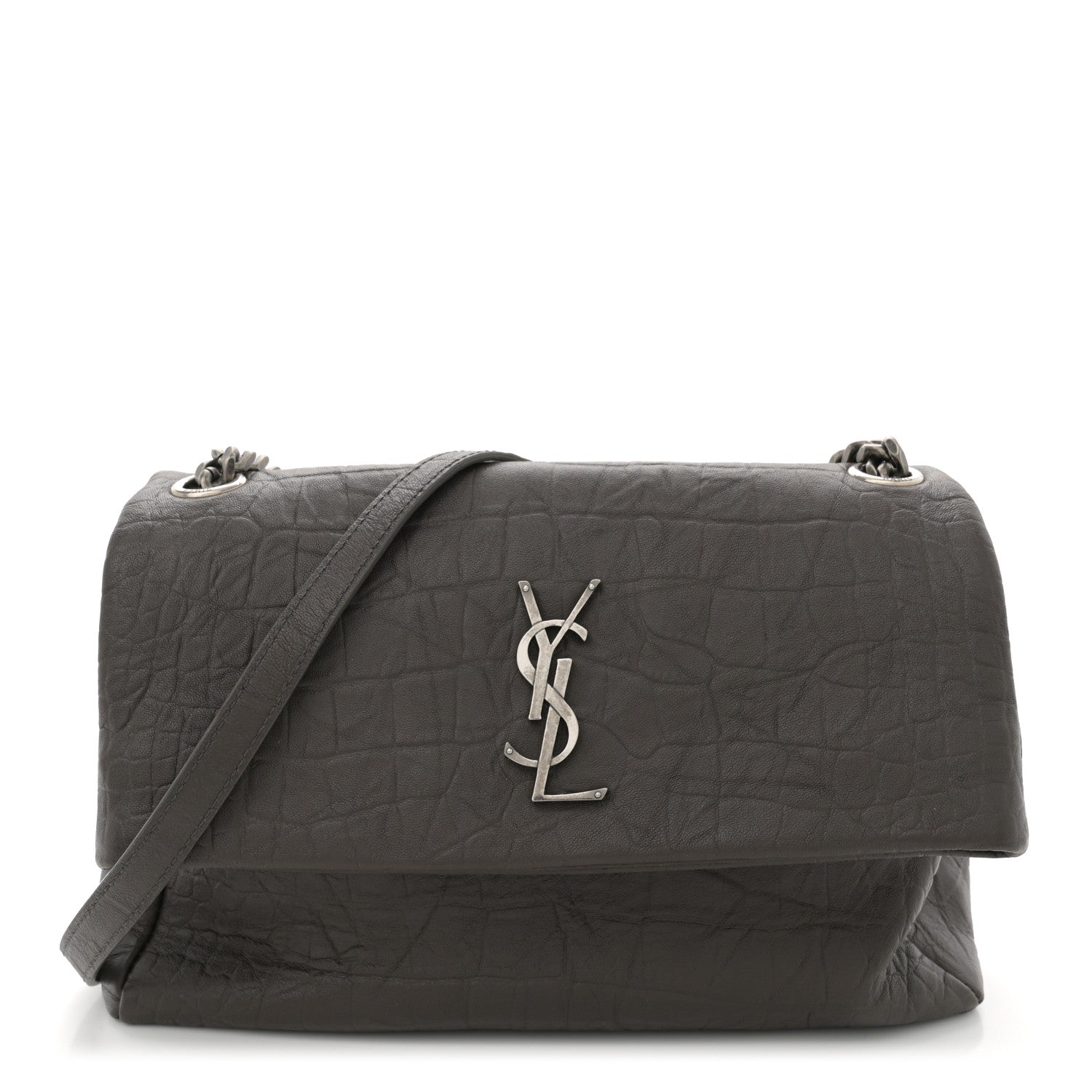 Saint Laurent Calfskin Crocodile Embossed West Hollywood Monogram Fold-Over Dark Brown 1 of 11