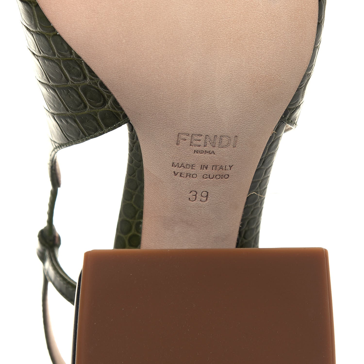Fendi Calfskin Crocodile Embossed Promenade Slingback Loafer Pumps 39 Military Green 6 of 8