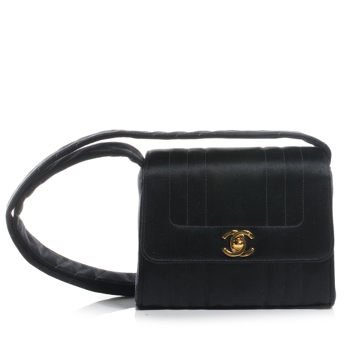 Satin Vertical Quilt Mini Flap Shoulder Bag Black