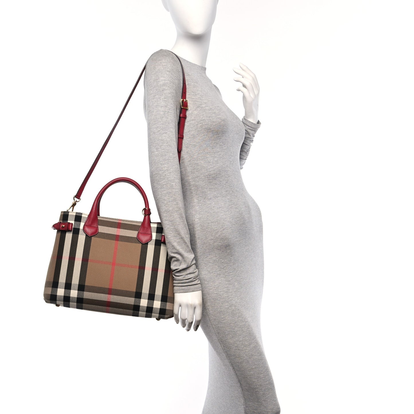 House Check Grainy Calfskin Medium Banner Tote Russet Red