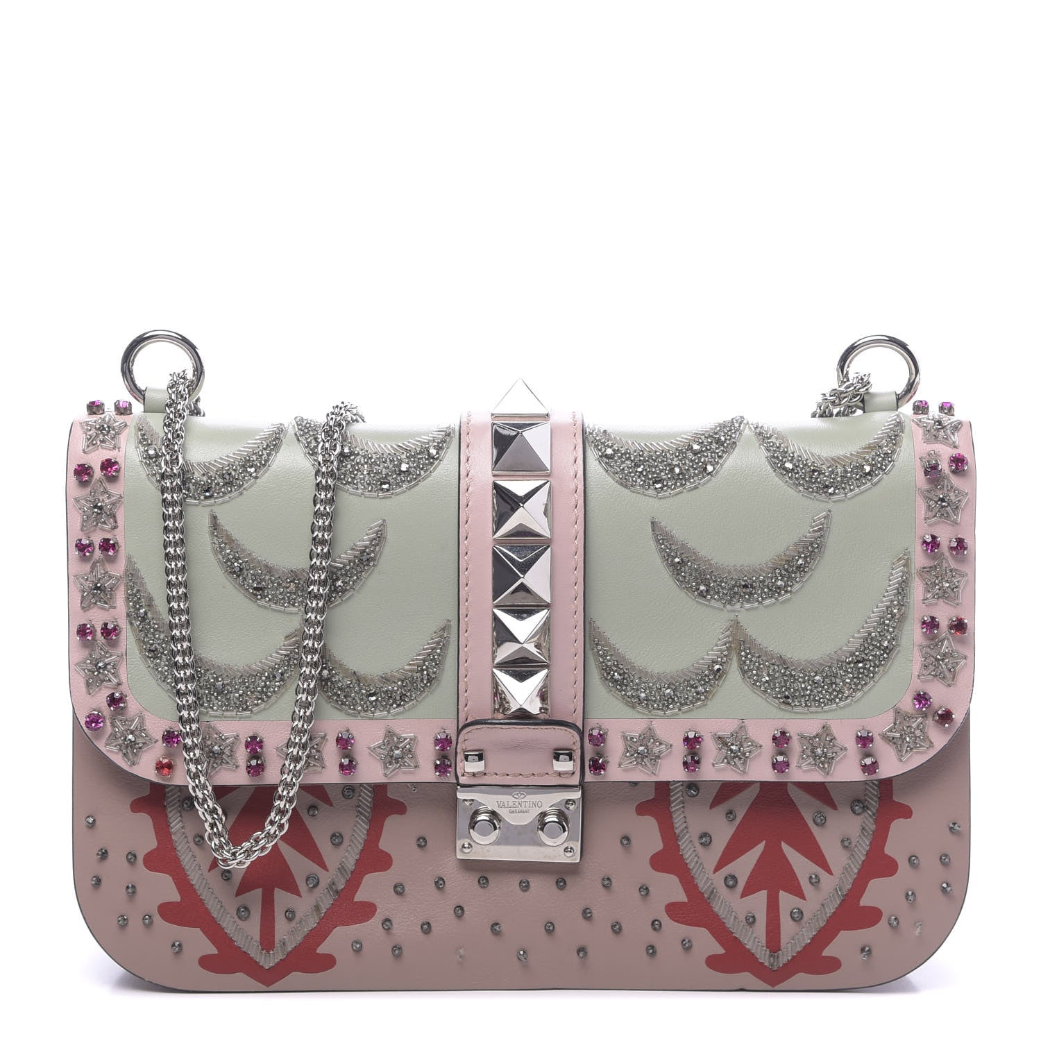 Valentino Garavani Vitello Crystal Embellished Medium Glam Lock Rockstud Flap Poudre 1 of 12
