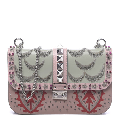 Valentino Garavani Vitello Crystal Embellished Medium Glam Lock Rockstud Flap Poudre 1 of 12