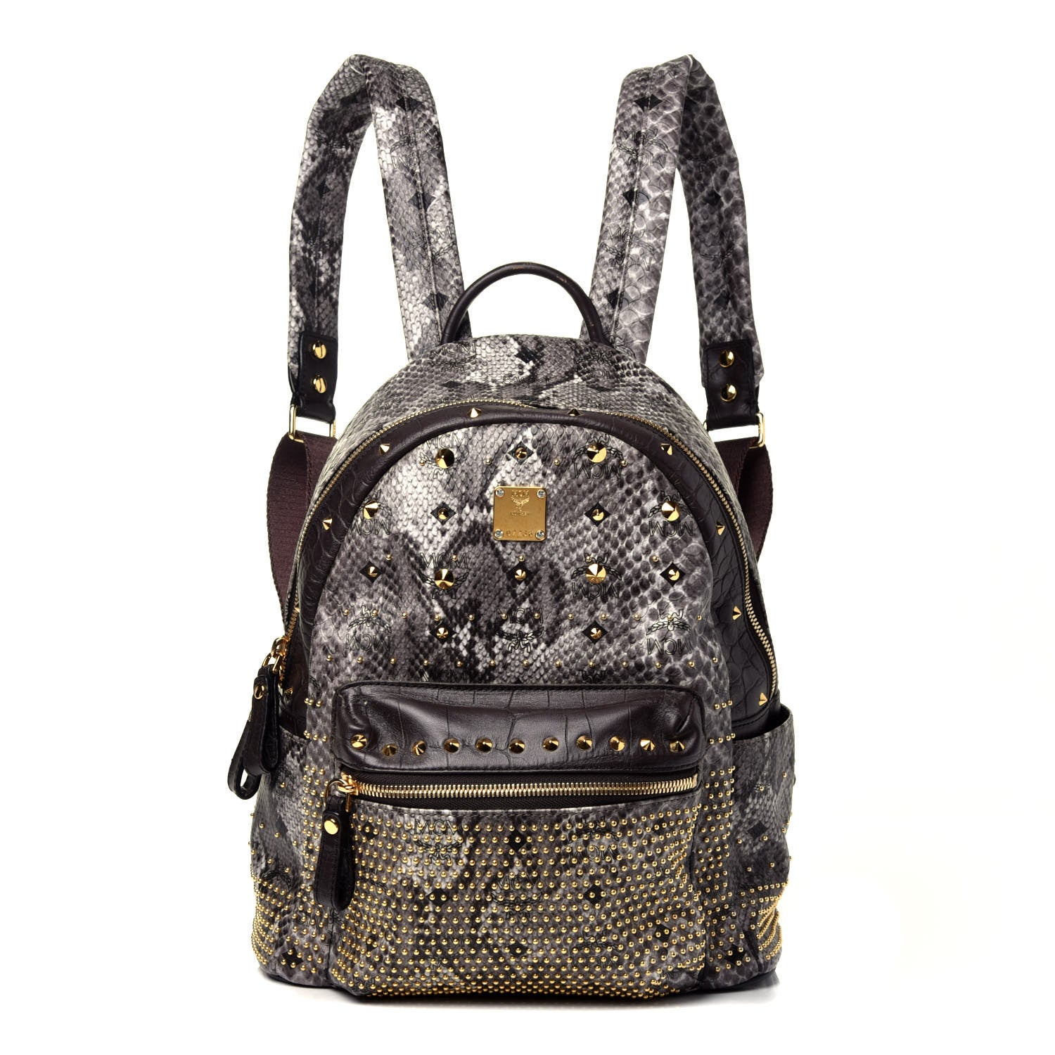 MCM Visetos Snakeskin Printed Studded Small Stark Backpack Light Grey 1 of 9