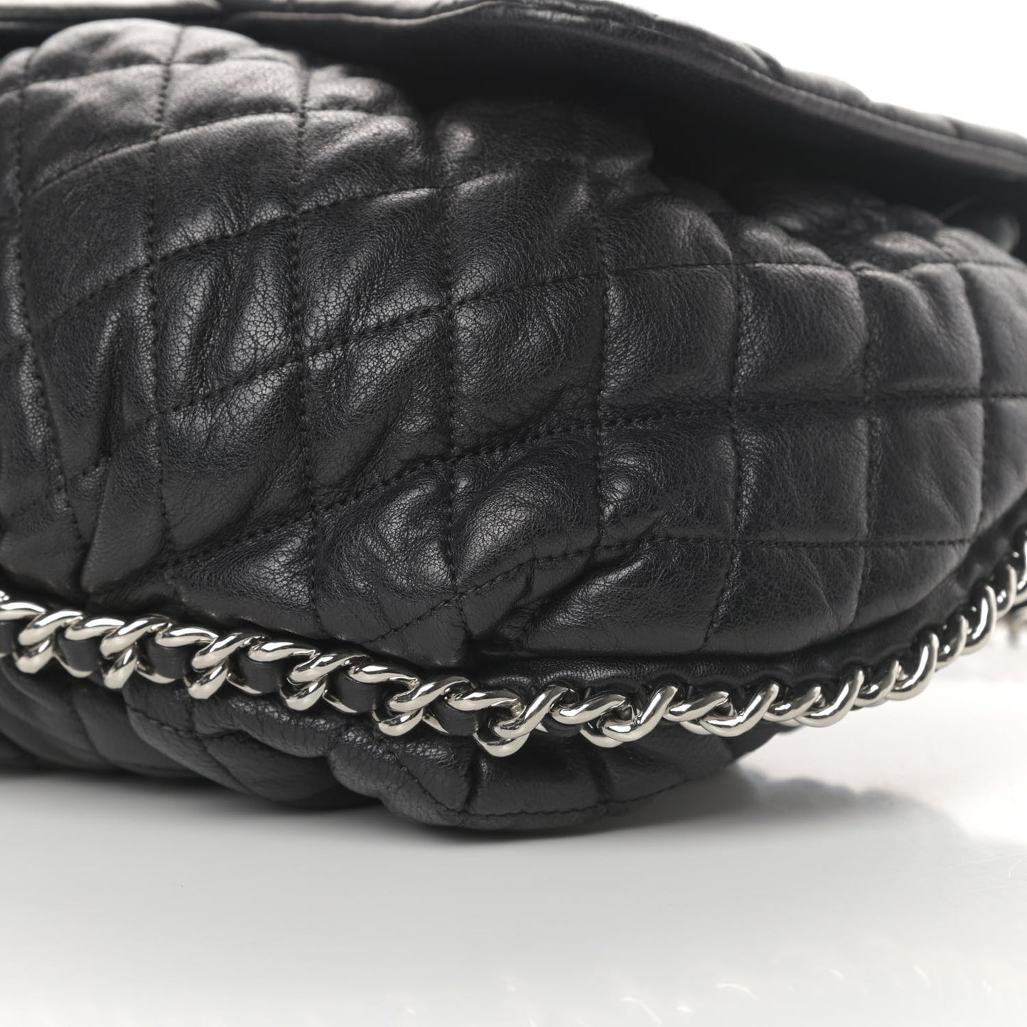 Washed Lambskin Quilted Large Chain Around Flap Black
