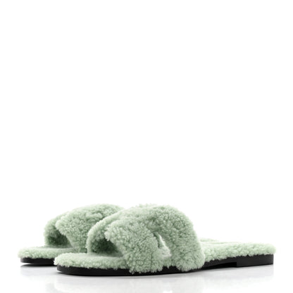 Hermes Woolskin Oran Sandals 39 Vert D’eau 3 of 10