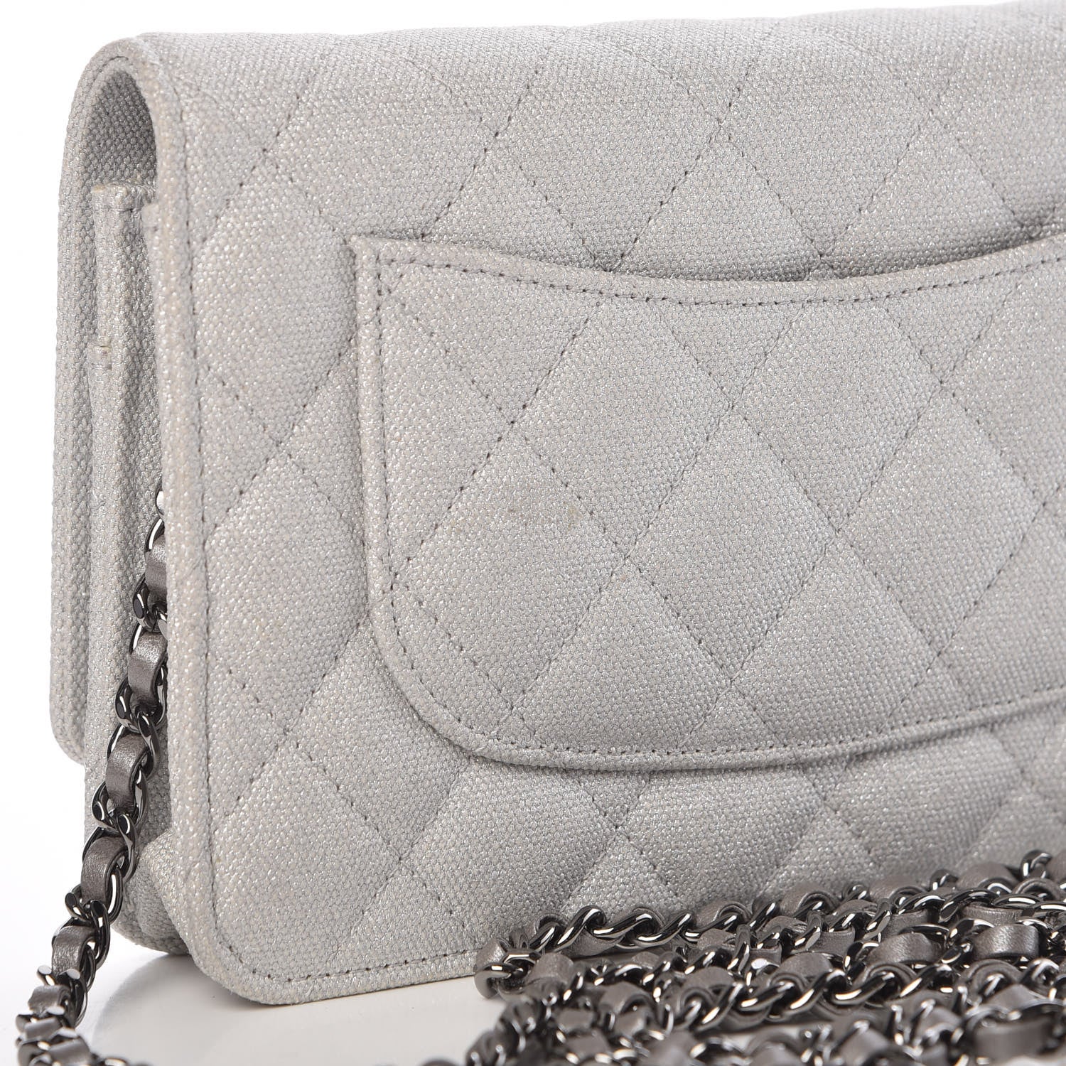 Chanel Metallic Canvas Quilted Space Charms Wallet On Chain WOC Silver 11 of 11