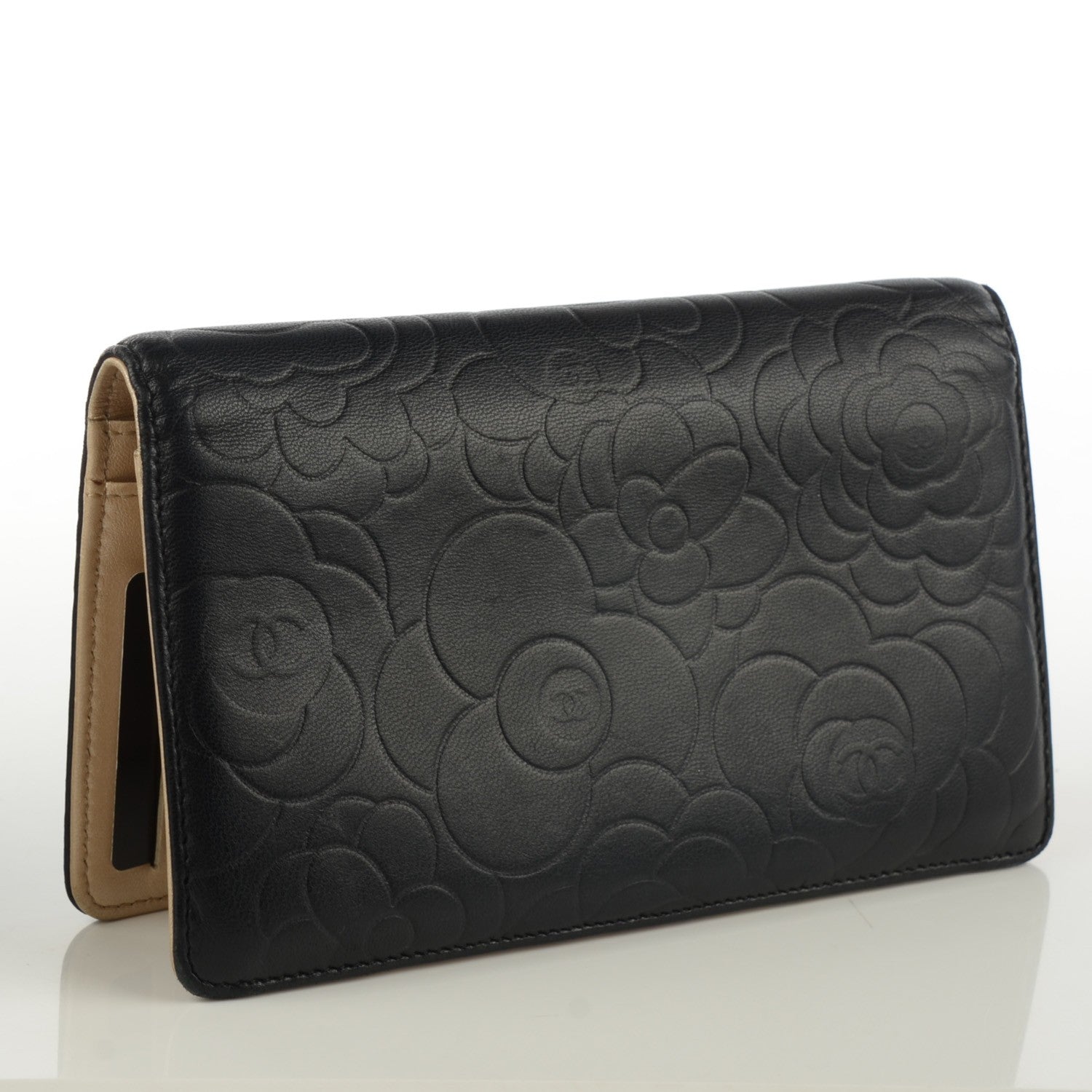 Chanel Lambskin Camellia Embossed Yen Wallet Black 3 of 9