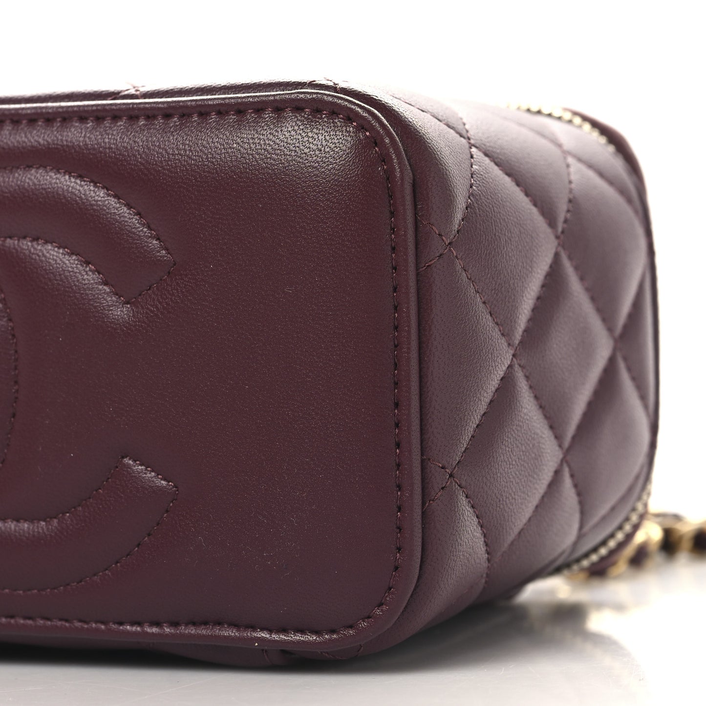 Lambskin Quilted Metal Small Top Handle Vanity Case With Chain Burgundy