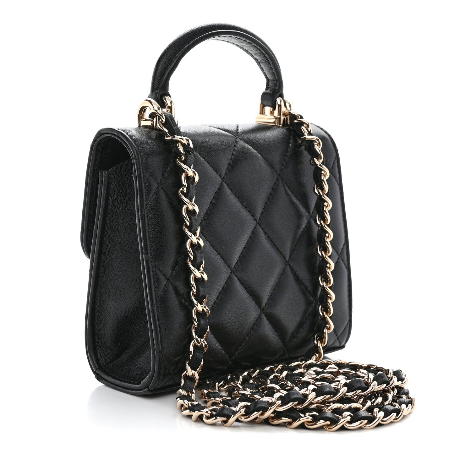 Lambskin Quilted Top Handle Flap Clutch With Chain Black