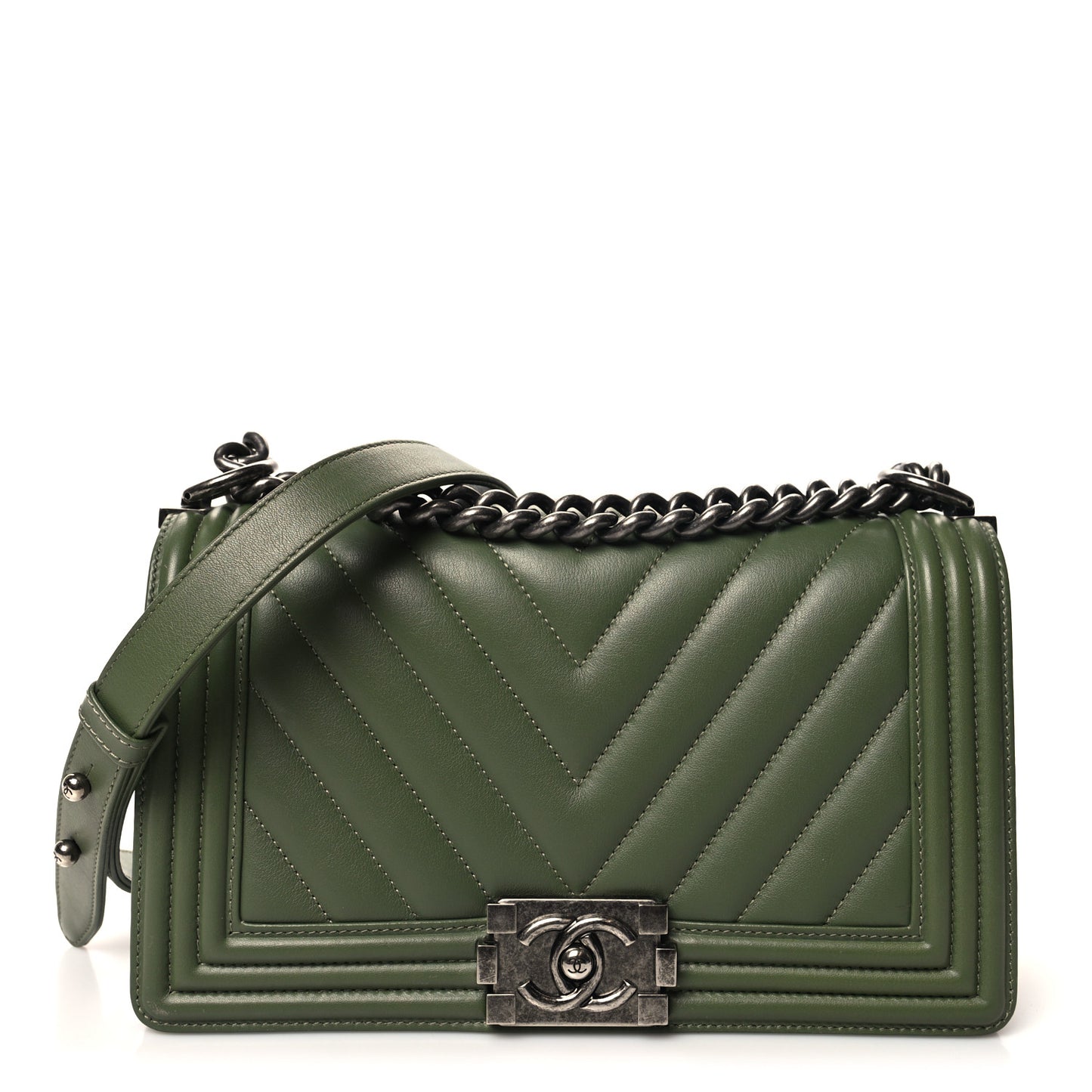 Calfskin Chevron Quilted Medium Boy Flap Dark Green