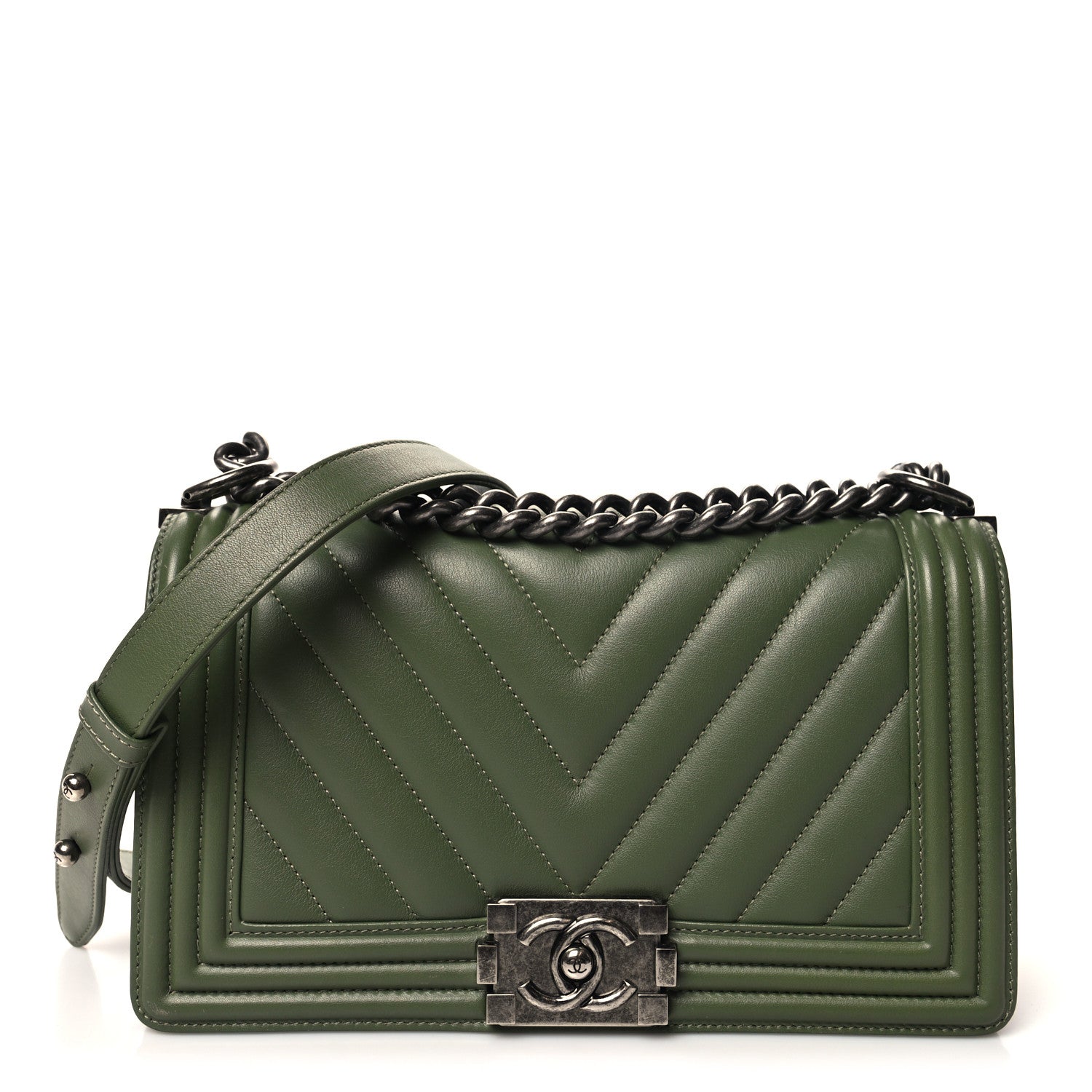 Chanel Calfskin Chevron Quilted Medium Boy Flap Dark Green 1 of 10