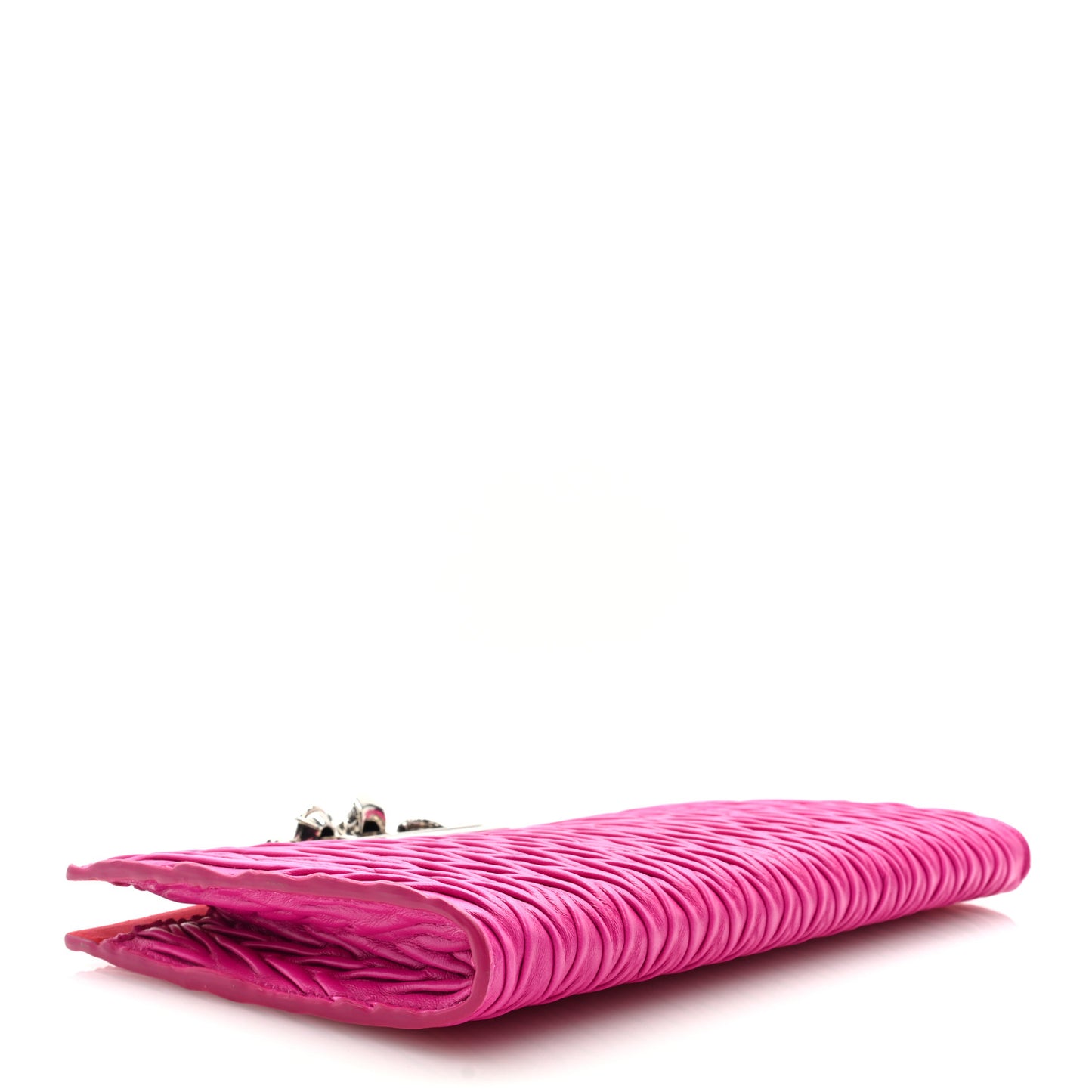 Lambskin Pleated Skull Knuckle Clutch Fuschia