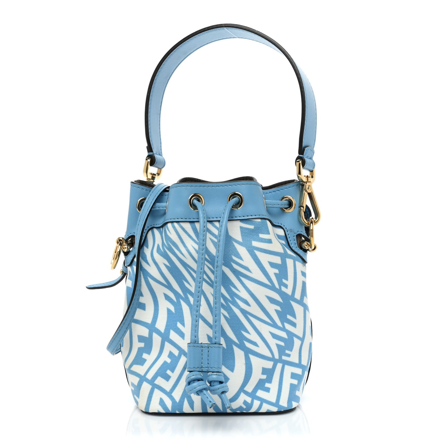 X SARAH COLEMAN Glazed Canvas Vitello King F is Fendi FF Vertigo Mini Mon Tresor Bucket Bag Cyber Blue White