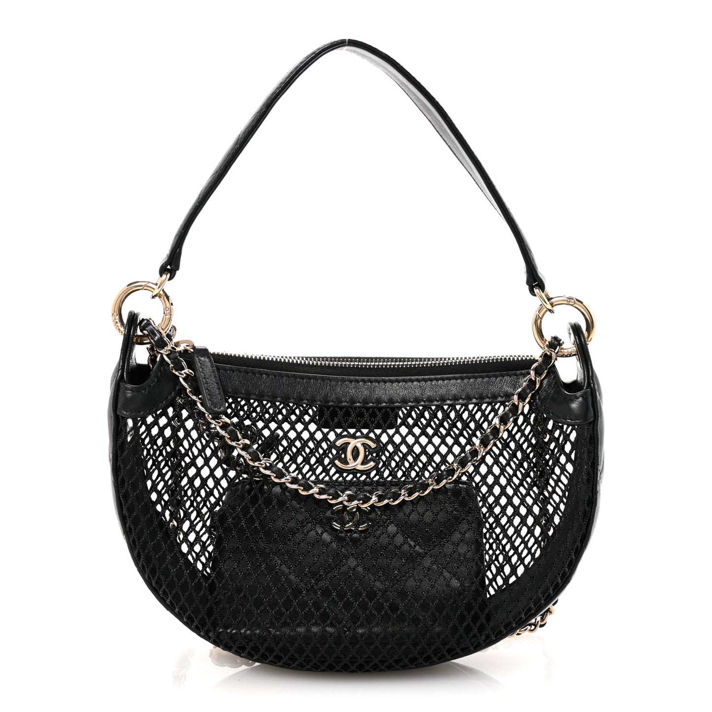 Mesh Shiny Lambskin Chain Hobo Black