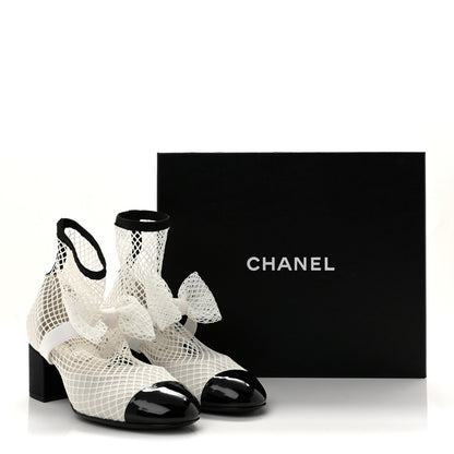 Chanel Mesh Kid Suede Patent Mary Jane Short Boots 37.5 White Black 9 of 9