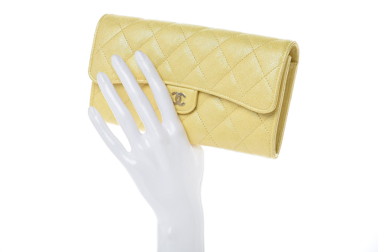 Iridescent Caviar Quilted Long Gusset Flap Wallet Yellow