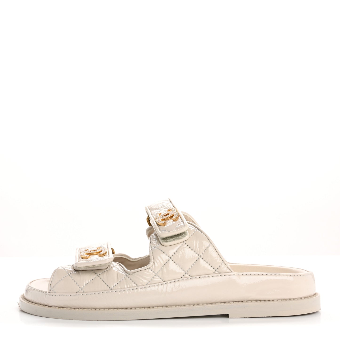 Shiny Calfskin Crystal Quilted Velcro Dad CC Slide Sandals 36.5 Light Beige