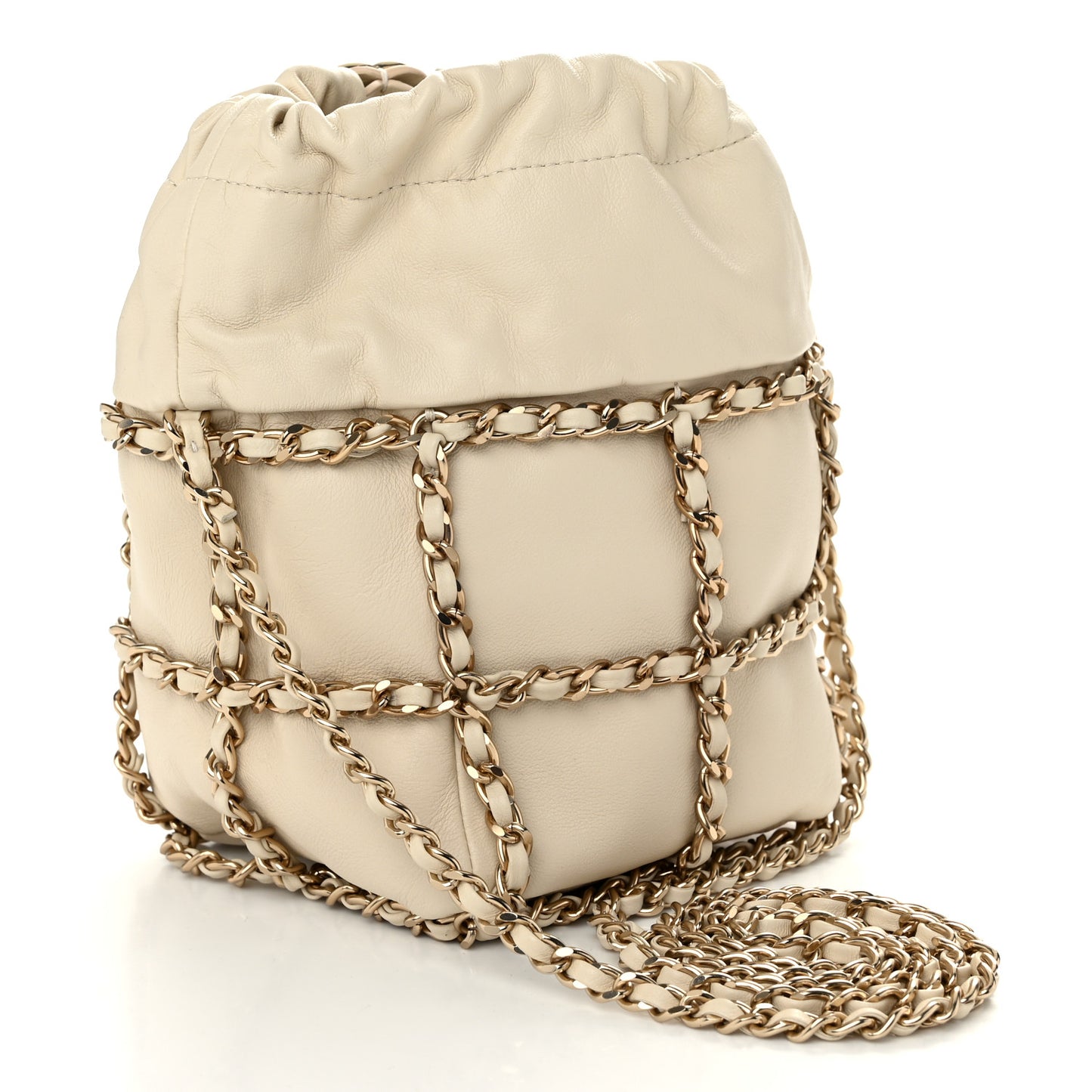Lambskin Bucket Chain Drawstring Bag Beige