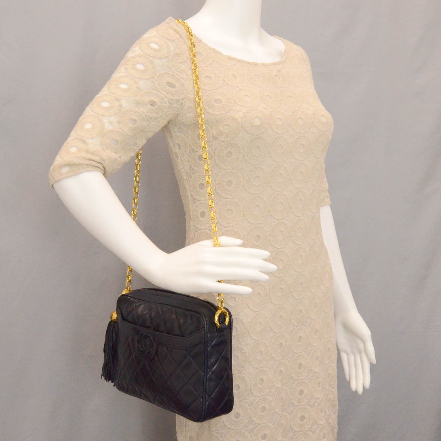 Lambskin Quilted Tassel Camera Case Navy