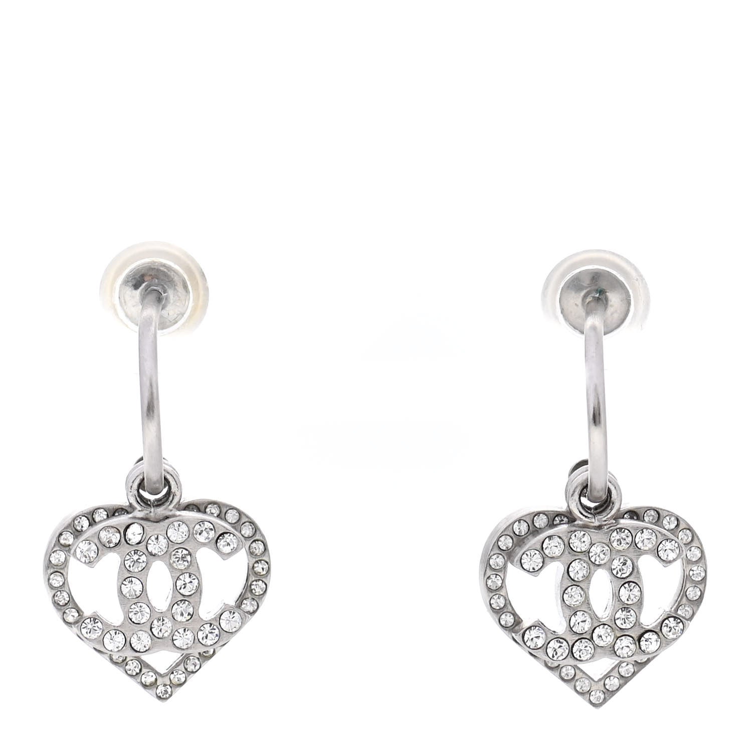 Chanel Crystal Heart CC Hoop Earrings Silver 1 of 4