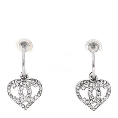 Chanel Crystal Heart CC Hoop Earrings Silver 1 of 4
