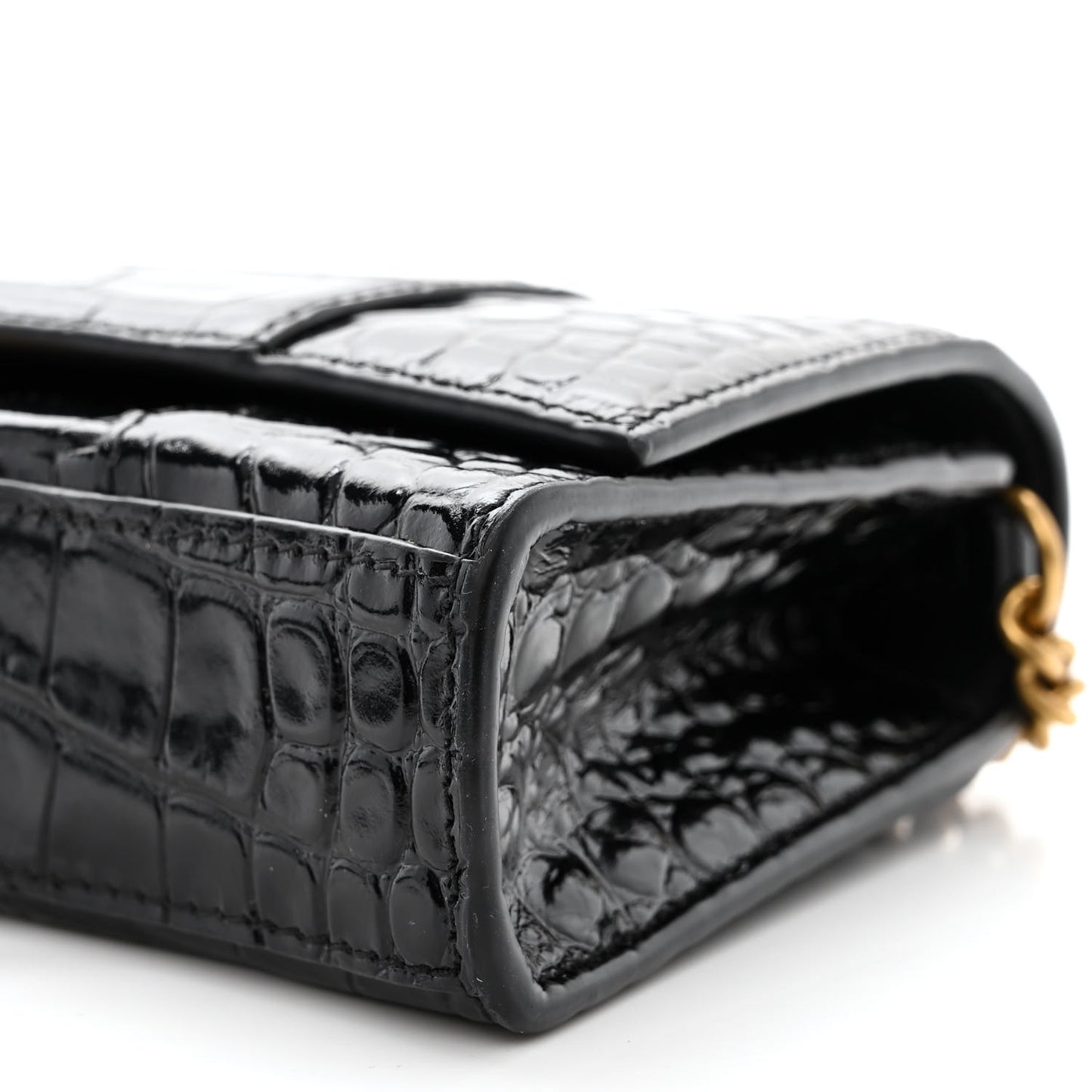Shiny Calfskin Crocodile Embossed Hourglass Chain Bag Black