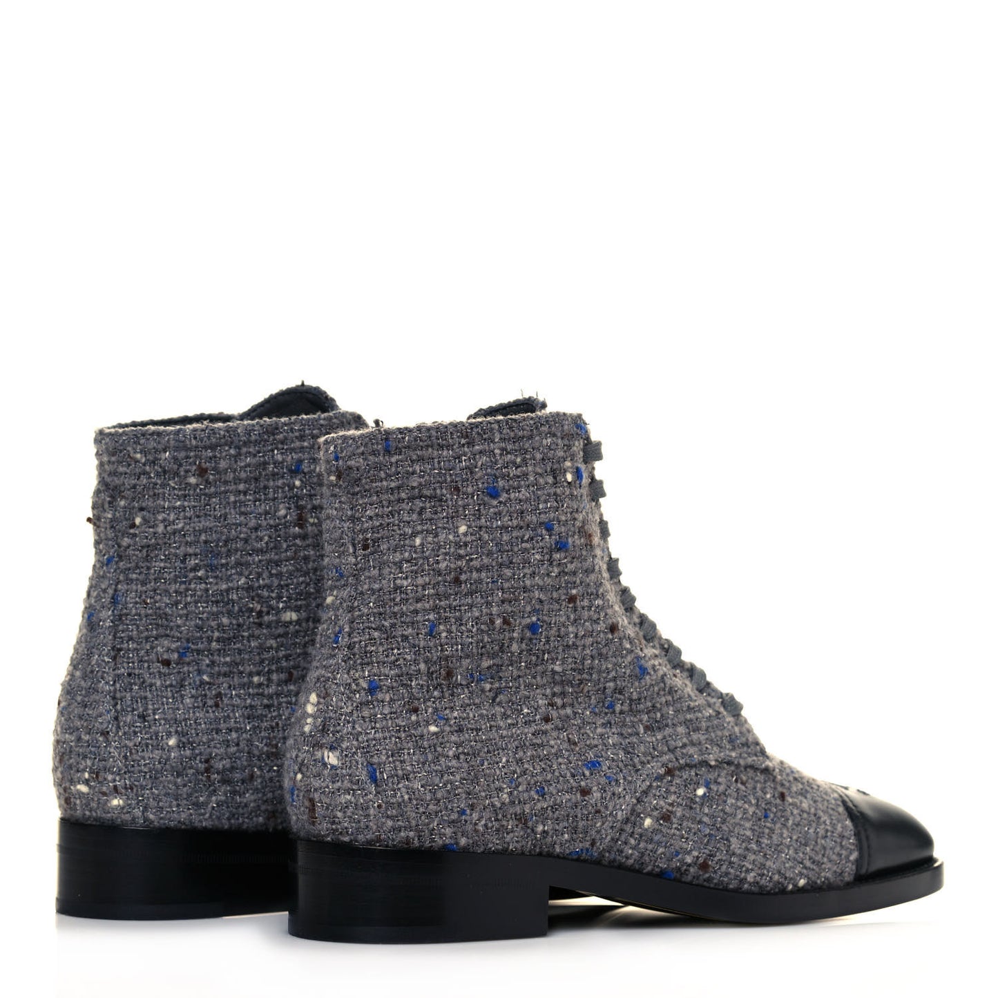 Tweed Lambskin Cap Toe CC Lace Up Boots 37 Grey Black