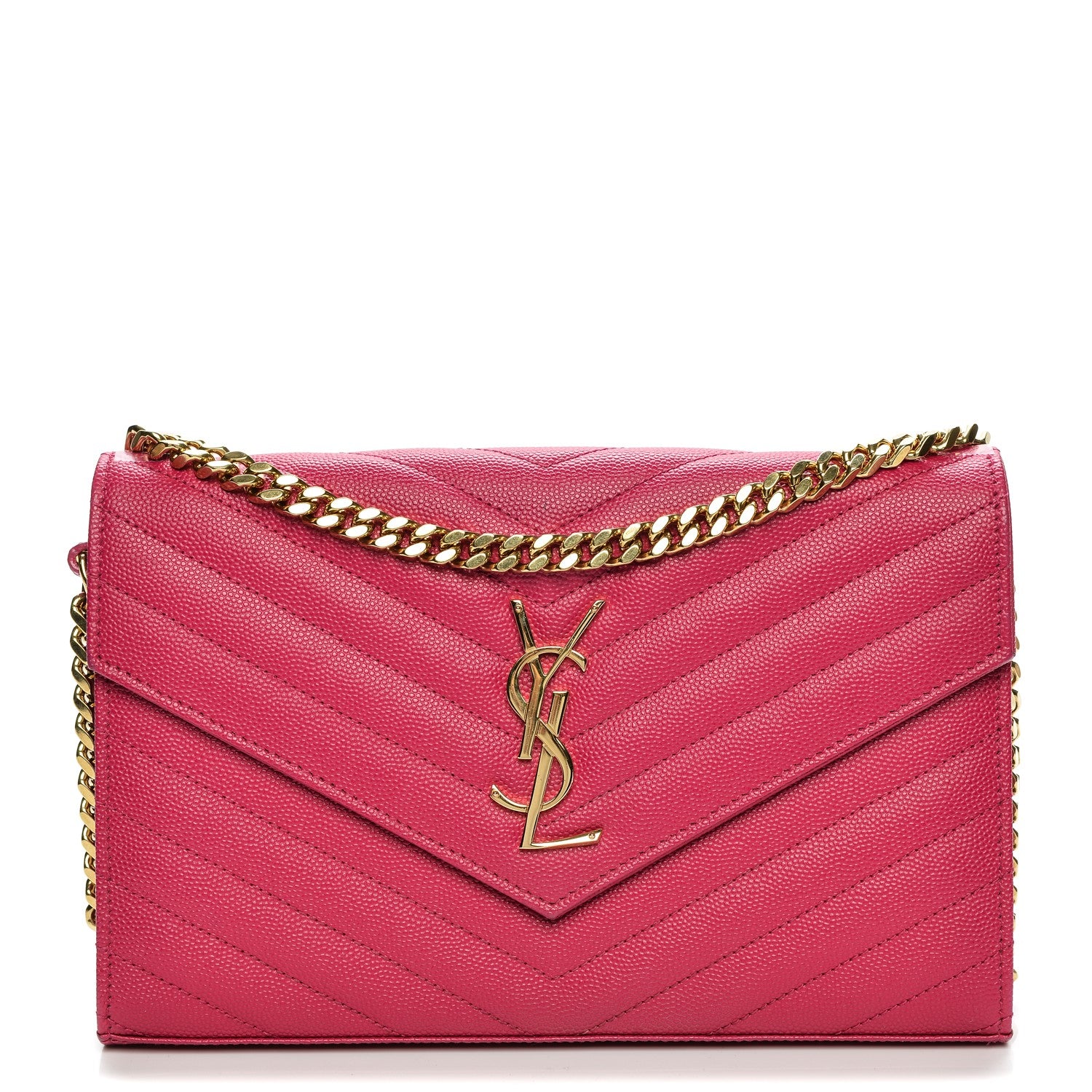 Saint Laurent Grain De Poudre Matelasse Chevron Monogram Chain Wallet Lipstick Fuchsia 1 of 8