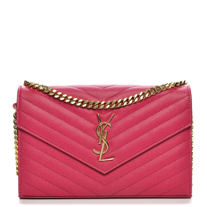 Saint Laurent Grain De Poudre Matelasse Chevron Monogram Chain Wallet Lipstick Fuchsia 1 of 8